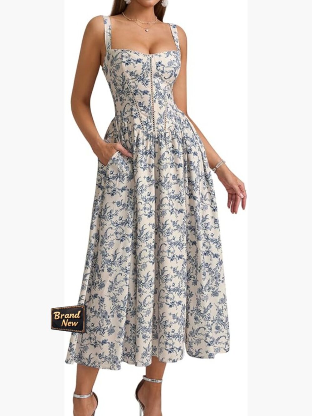 Women's Floral Corset Midi Dress Sleeveless Square Neck Smocked Back A-Line